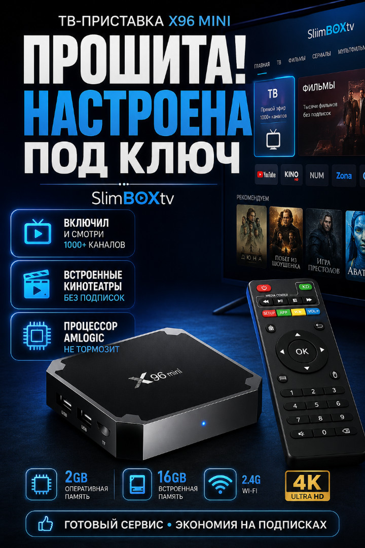 ТВ-приставка X96 Mini 2/16 Гб (настроенная, SlimBOX TV, внешний ИК)